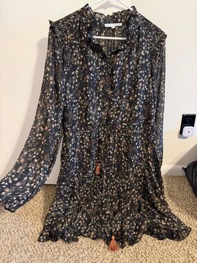 Baltic Born Black Floral Ruffle Long-Sleeve Midi Dress